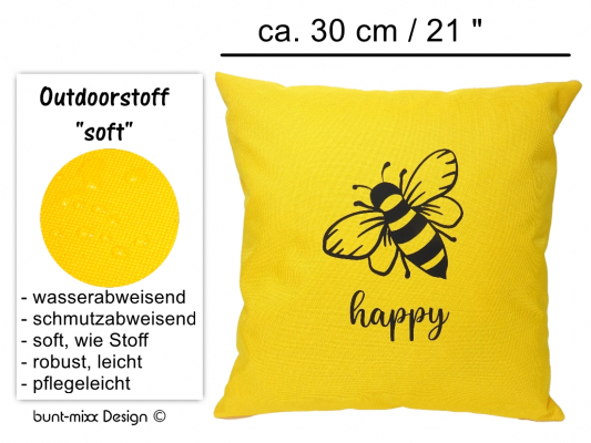 Outdoor Kissen gelb Biene be happy Outdoorstoff mit Reißverschluß Innenkissen, by BuntMixxDESIGN ©